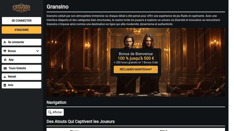 Découvrez l'univers en ligne du Gransino Casino, accessible à tous les Français